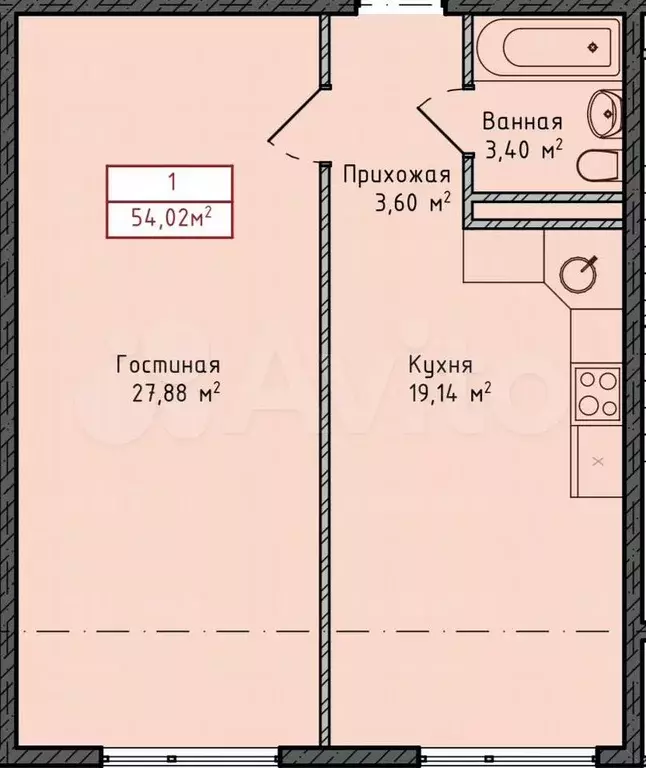 1-к. квартира, 54 м, 3/8 эт. - Фото 1