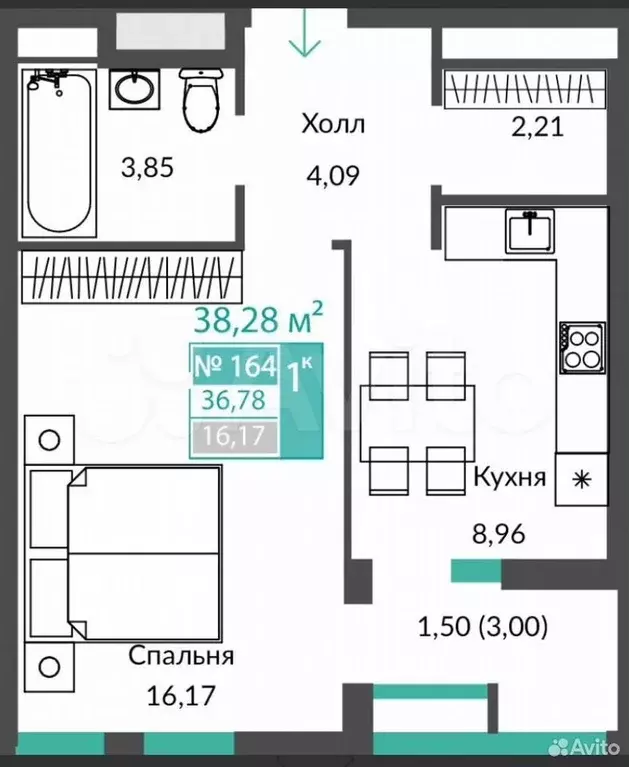 1-к. квартира, 38,8 м, 8/12 эт. - Фото 1