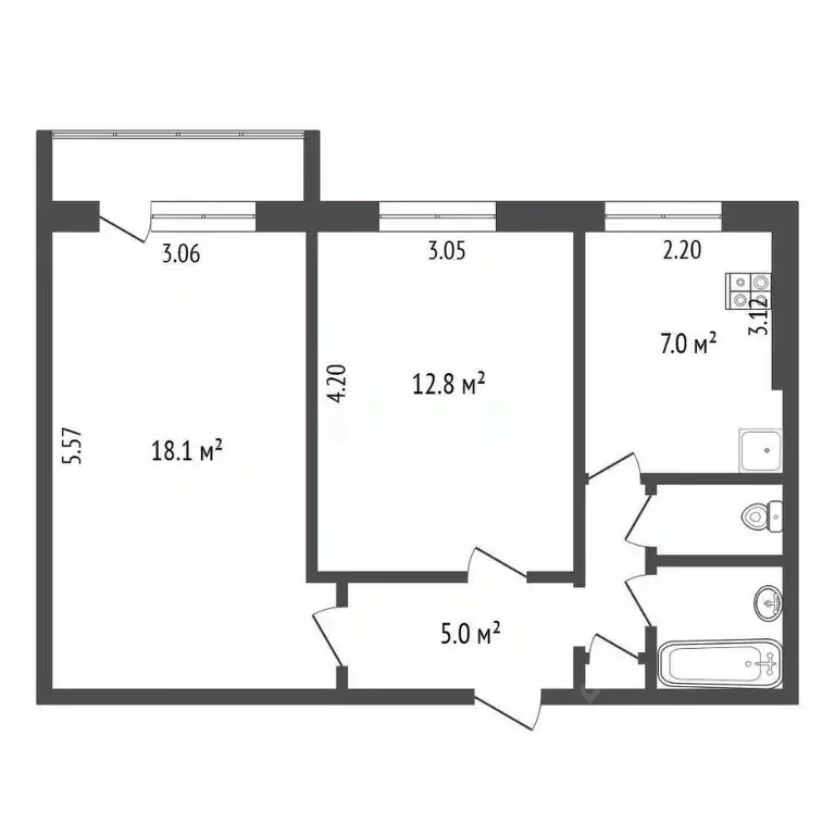 2-к кв. Омская область, Омск Волочаевская ул., 17 (46.8 м) - Фото 1