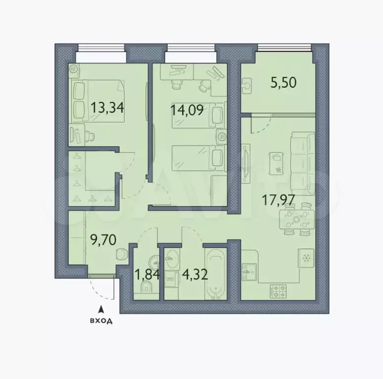 2-к. квартира, 66,8 м, 1/8 эт. - Фото 1