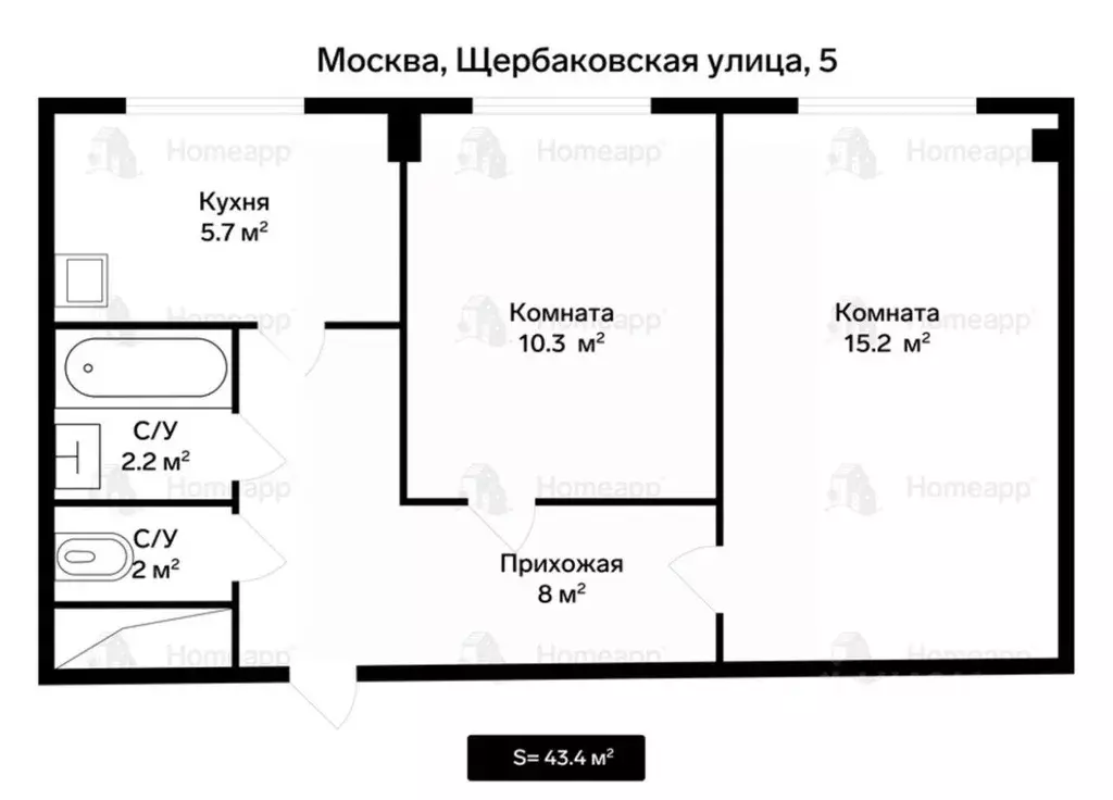 2-к кв. Москва Щербаковская ул., 5 (43.4 м) - Фото 2