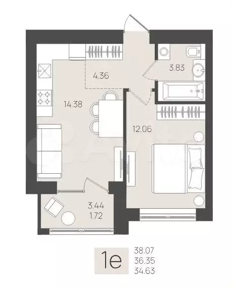 1-к. квартира, 38,1 м, 3/5 эт. - Фото 1