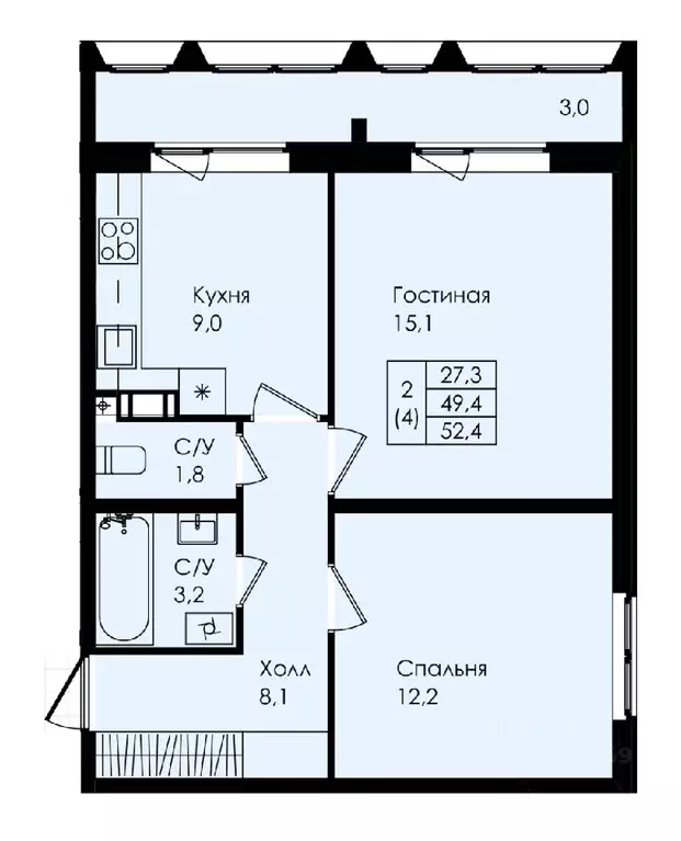 2-к кв. Ленинградская область, Коммунар Гатчинский район,  (52.4 м) - Фото 0