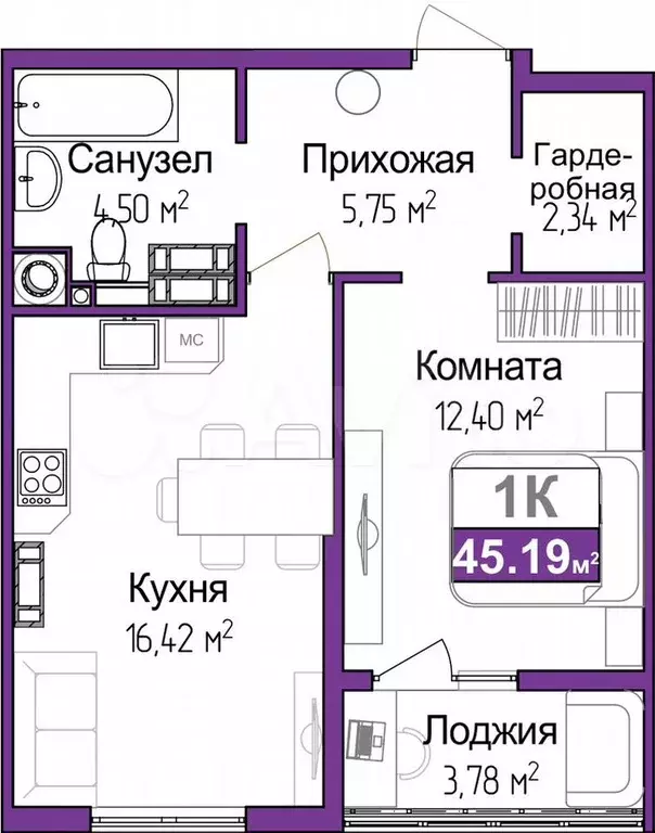 1-к. квартира, 43,3 м, 9/9 эт. - Фото 0