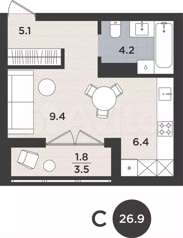 1-к. квартира, 26,9 м, 5/9 эт. - Фото 1