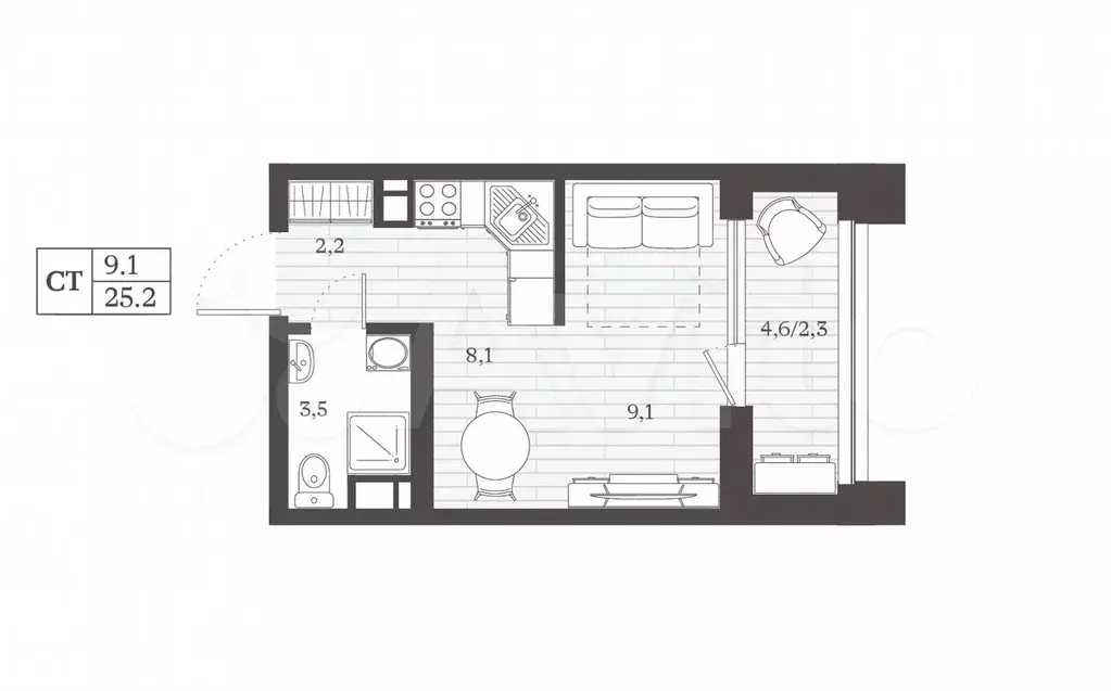Квартира-студия, 25,2 м, 5/8 эт. - Фото 0