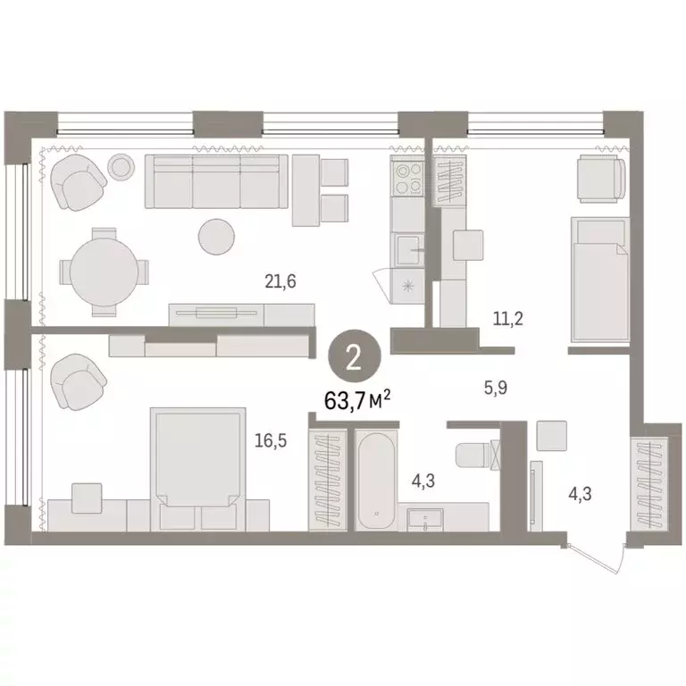 2-комнатная квартира: Тюмень, Краснооктябрьская улица, 4к3 (63.68 м) - Фото 1