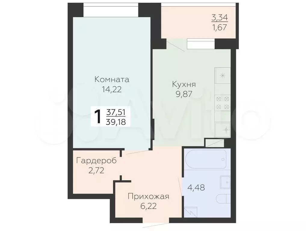 1-к. квартира, 39,2 м, 4/15 эт. - Фото 0