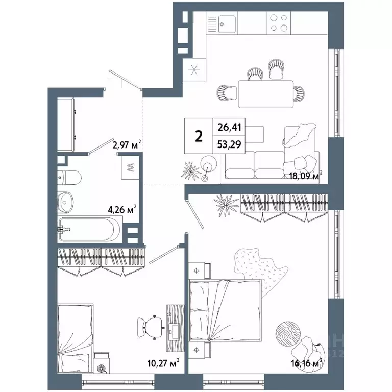 2-к кв. Башкортостан, Уфа 42-й кв-л,  (53.21 м) - Фото 1