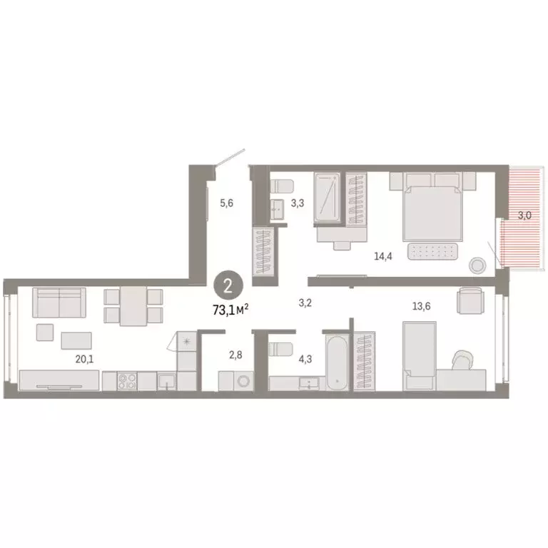 2-комнатная квартира: Тюмень, улица Республики, 205к3 (73.12 м) - Фото 1