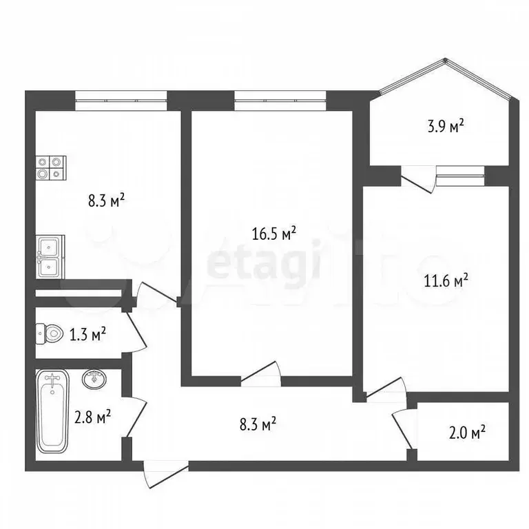 2-к. квартира, 50,6 м, 6/9 эт. - Фото 0