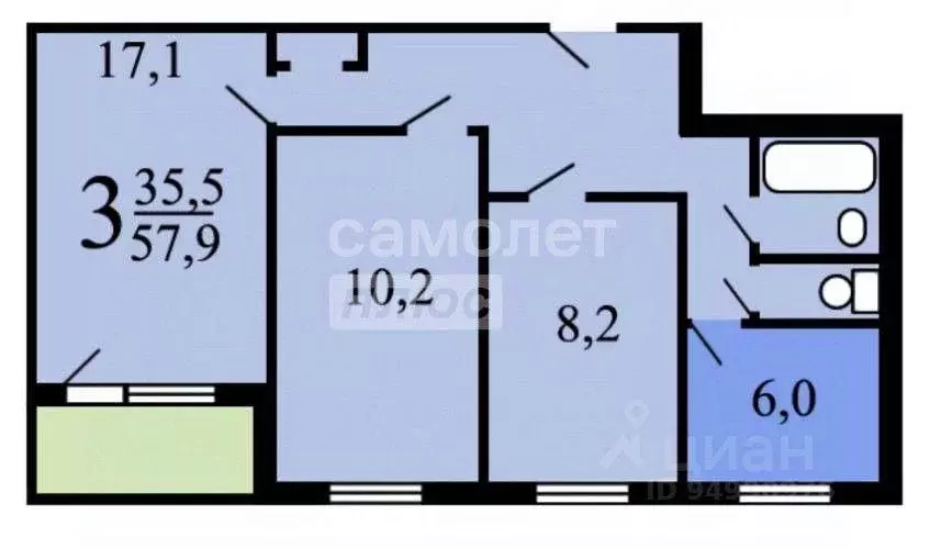 Квартира, 3 комнаты, 55.6 м - Фото 1
