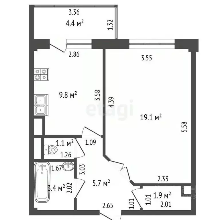 1-к кв. Башкортостан, Стерлитамак ул. Строителей, 63 (41.0 м) - Фото 2