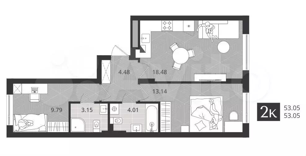 2-к. квартира, 53 м, 1/5 эт. - Фото 1