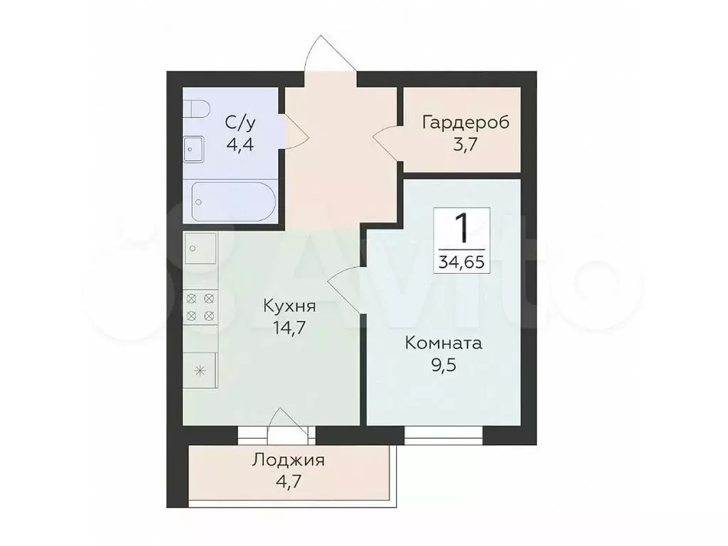1-к. квартира, 34,7 м, 14/16 эт. - Фото 0