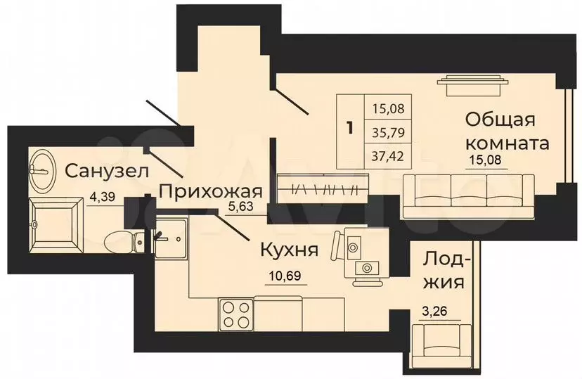 1-к. квартира, 37,4 м, 6/24 эт. - Фото 1