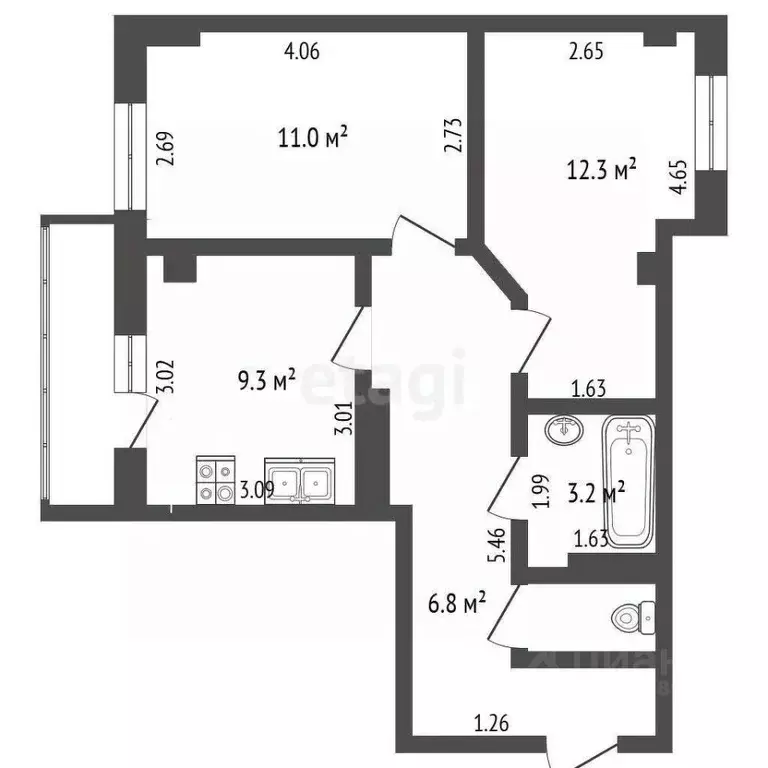 2-к кв. Вологодская область, Вологда ул. Космонавта Беляева, 21 (44.7 ... - Фото 2