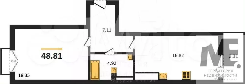 1-к. квартира, 48,8 м, 5/7 эт. - Фото 0
