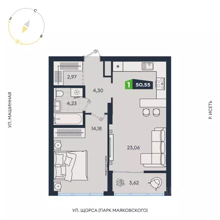 1-к кв. Свердловская область, Екатеринбург ул. Машинная, 1В/4 (50.55 ... - Фото 0