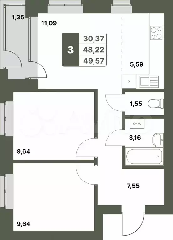 3-к. квартира, 49,6 м, 1/6 эт. - Фото 0