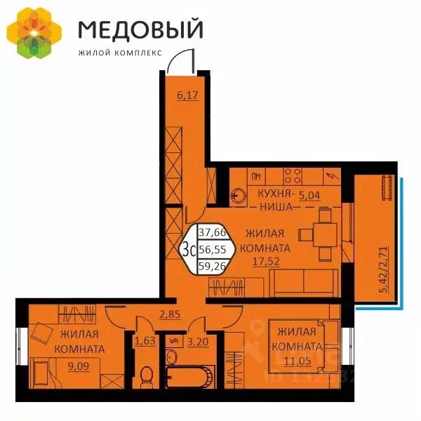 3-к кв. Пермский край, д. Кондратово ул. Г.Н. Нифантова, 12 (59.26 м) - Фото 0