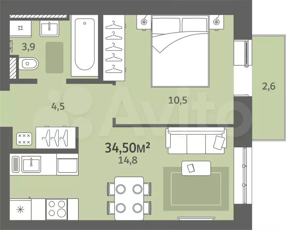 1-к. квартира, 34,5 м, 6/8 эт. - Фото 0