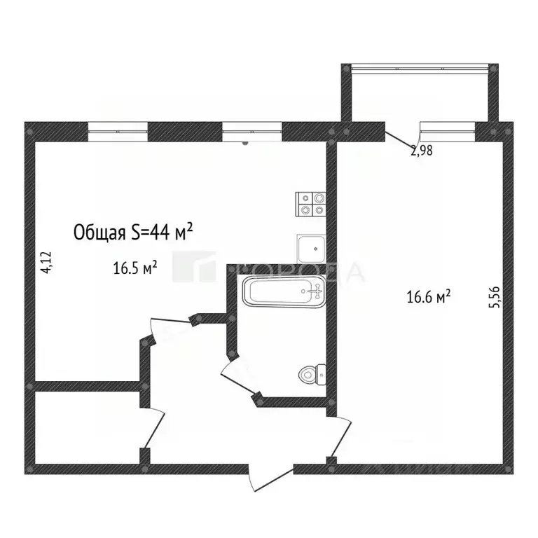 2-к кв. Томская область, Томск Украинская ул., 19 (44.0 м) - Фото 1