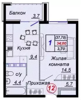 1-к. квартира, 37.7 м, 7/16 эт. - Фото 1