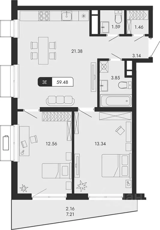 3-к кв. Крым, Алушта  (59.48 м) - Фото 0