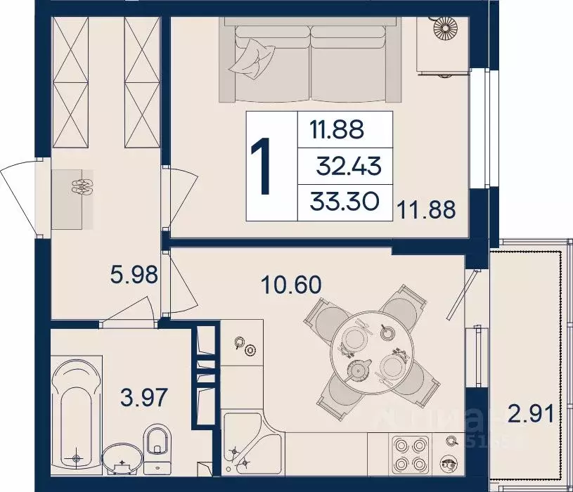 1-к кв. Краснодарский край, Краснодар  (33.3 м) - Фото 1