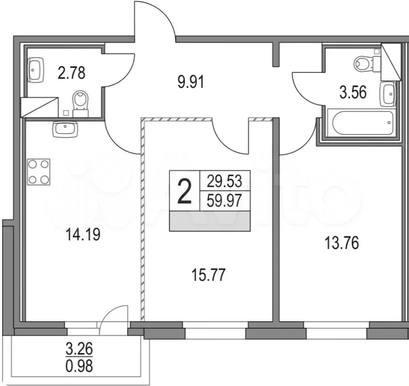2-к. квартира, 61 м, 9/16 эт. - Фото 1
