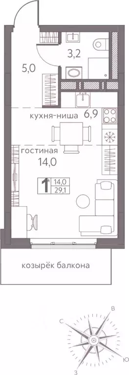 Студия Пермский край, Пермь ул. Серебристая, 3А (29.1 м) - Фото 1