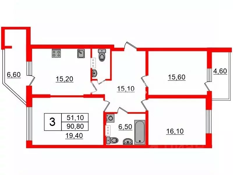 3-к кв. Санкт-Петербург просп. Героев, 30 (90.8 м) - Фото 1