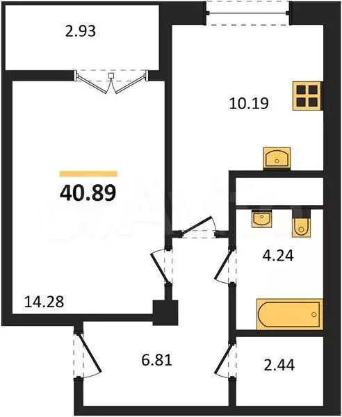 1-к. квартира, 40,9 м, 1/9 эт. - Фото 1