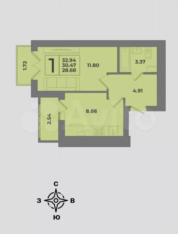 1-к. квартира, 32,9 м, 8/8 эт. - Фото 1