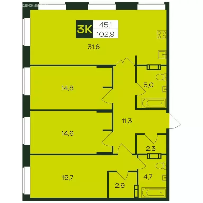 3-комнатная квартира: Чебоксары, Чебоксарский проспект, поз5.20 (102.9 ... - Фото 1