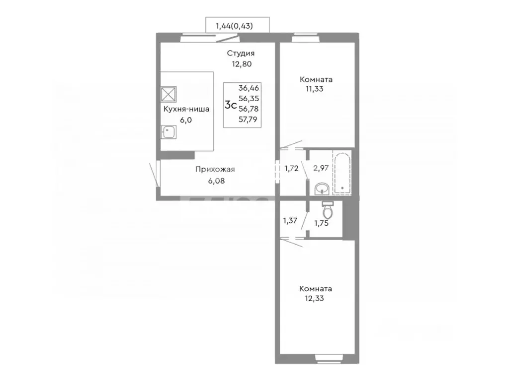 2-к кв. Челябинская область, Челябинск ул. Танкистов, 175 (56.0 м) - Фото 1