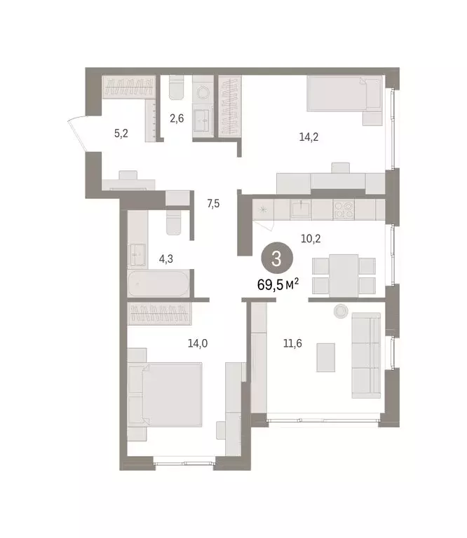 3-комнатная квартира: Пермь, микрорайон Крохалева (69.48 м) - Фото 2