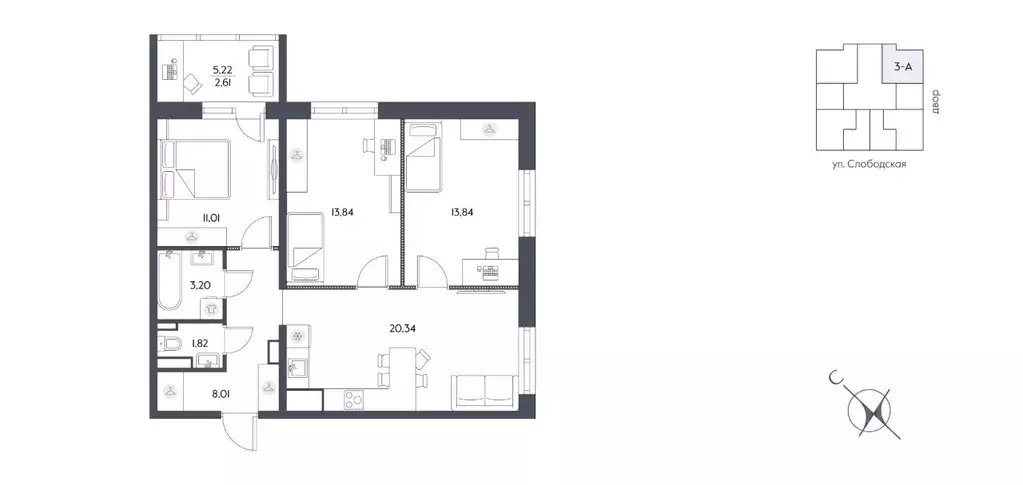 3-к кв. Хабаровский край, Хабаровск Слободская ул. (74.69 м) - Фото 2