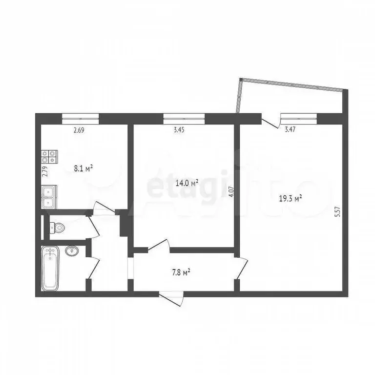 2-к. квартира, 55 м, 5/9 эт. - Фото 0