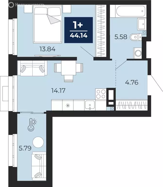1-комнатная квартира: Тюмень, ЖК Айвазовский Сити (44.14 м) - Фото 1