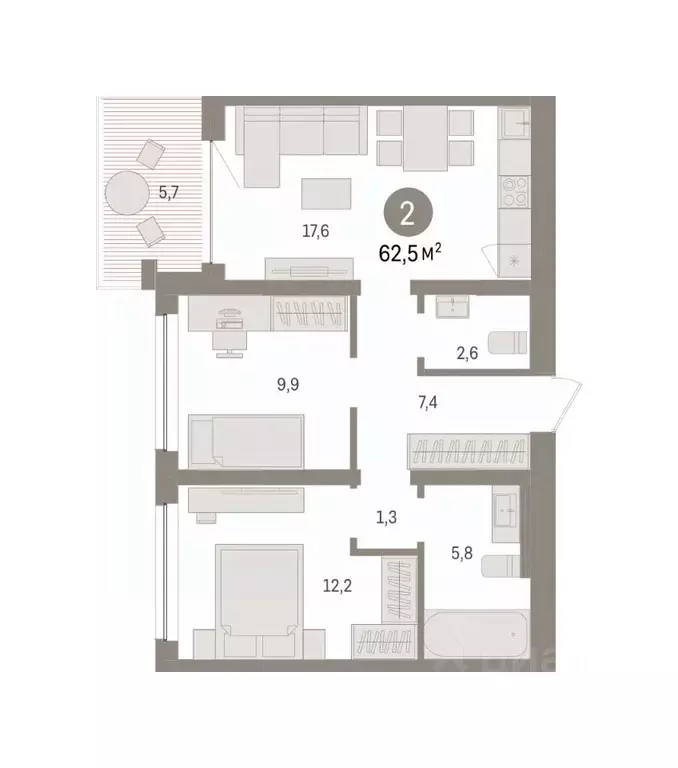 2-к кв. Тюменская область, Тюмень ул. Муравленко, 9к3 (62.52 м) - Фото 2