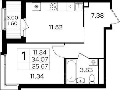 Квартира, 1 комната, 35.57 м - Фото 1