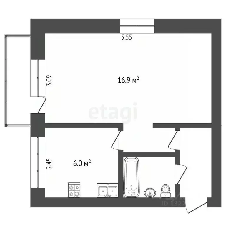 1-к кв. Вологодская область, Вологда ул. Гоголя, 13 (30.3 м) - Фото 2