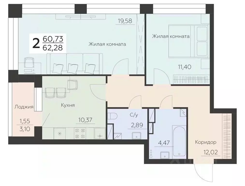 2-к кв. Воронежская область, Воронеж Ленинградская ул., 29Б (62.28 м) - Фото 0