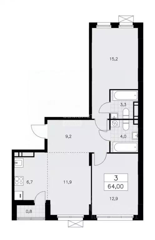 3-к кв. Москва № 160 кв-л, 1Вк2 (63.1 м) - Фото 2