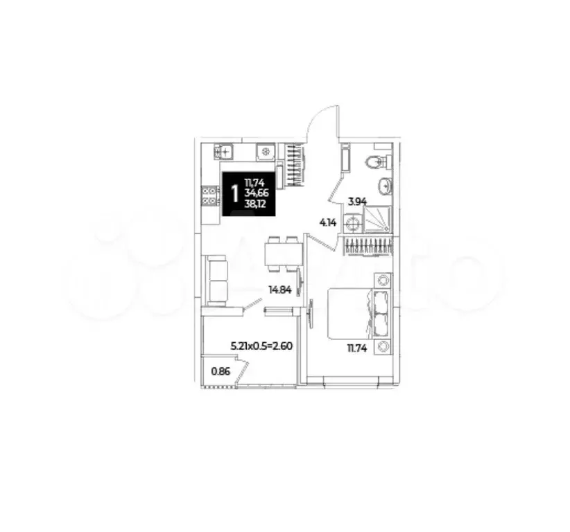 1-к. квартира, 38,1 м, 9/18 эт. - Фото 1
