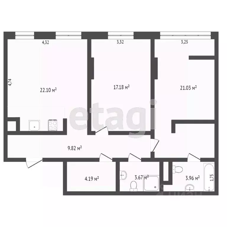 3-к кв. Тюменская область, Тюмень ул. 50 лет Октября, 57Бк1 (78.0 м) - Фото 1