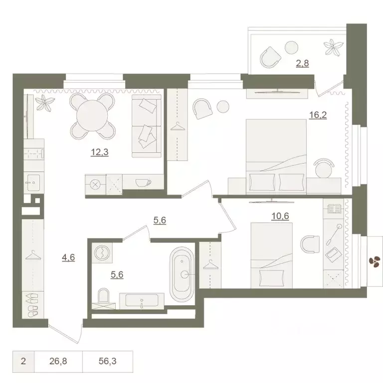 2-к кв. Башкортостан, Уфа Родина Парк жилой комплекс (56.3 м) - Фото 1