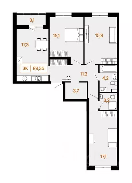 3-к кв. Ханты-Мансийский АО, Ханты-Мансийск Самаровская ул., 2А (89.65 ... - Фото 0